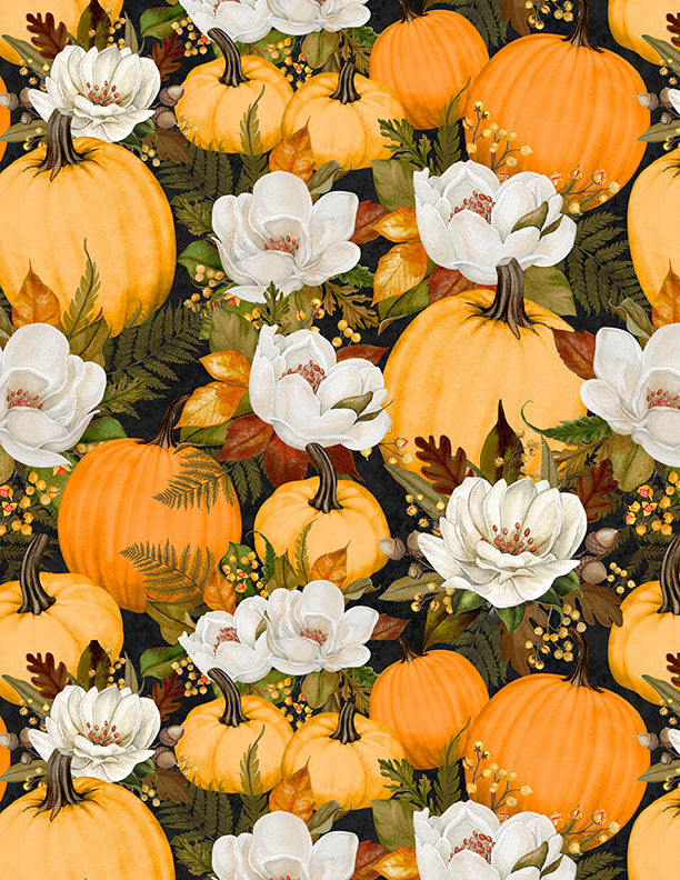 Oh My Gourd Quilt Fabric - Pumpkins and Florals in Black - 3017 27744 987