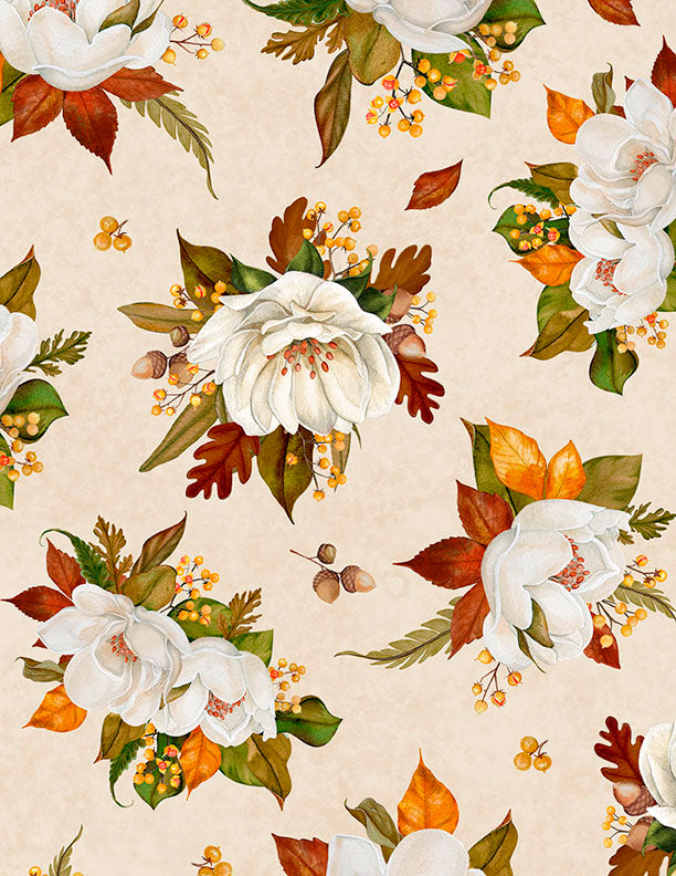 Oh My Gourd Quilt Fabric - Tossed Magnolias in Cream - 3017 27745 272
