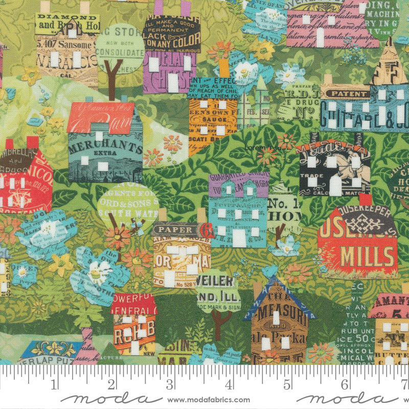 Paper Hamlet Quilt Fabric - Houses and Hills in Sprout Green/Multi - 39563 11