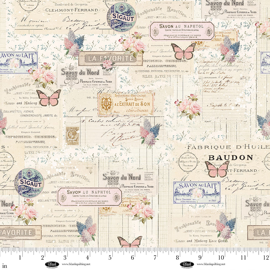 Parisian Snippets Quilt Fabric - Butterflies and Labels in Ecru Cream - 4289-41