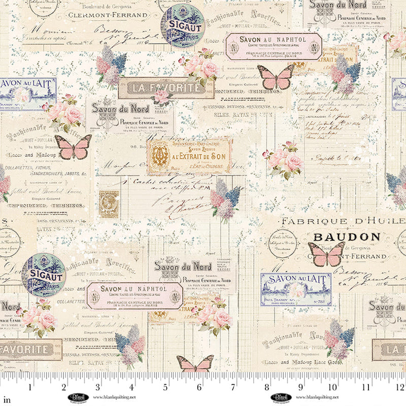 Parisian Snippets Quilt Fabric - Butterflies and Labels in Ecru Cream - 4289-41