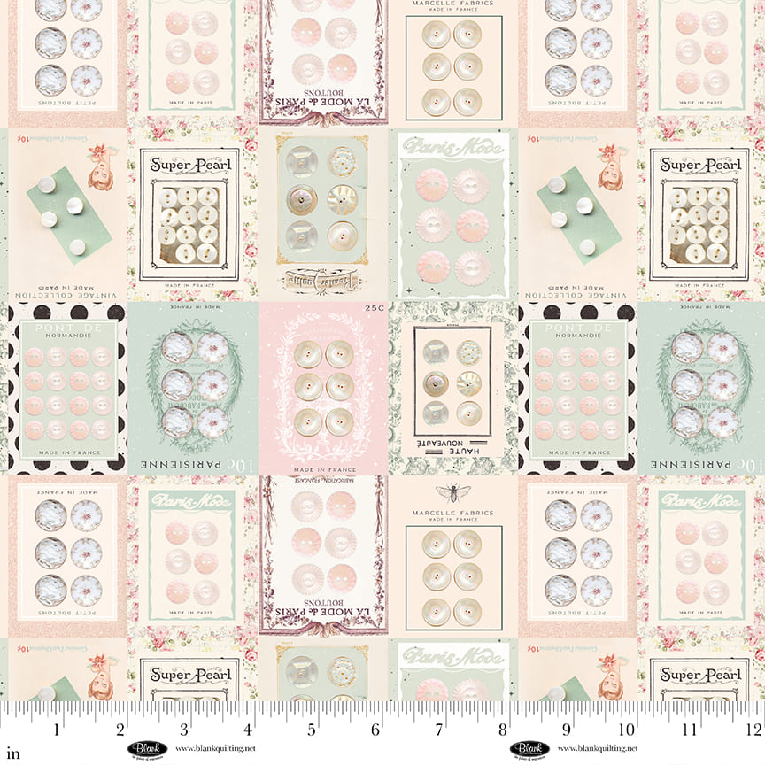 Parisian Snippets Quilt Fabric - Button Cards in Ecru Cream - 4293-41