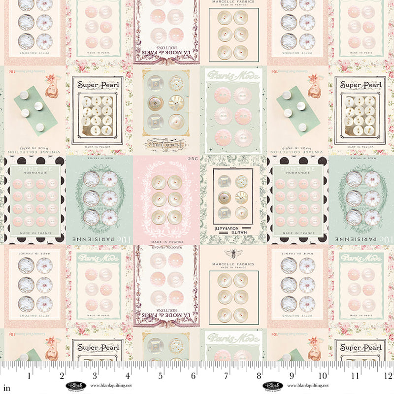 Parisian Snippets Quilt Fabric - Button Cards in Ecru Cream - 4293-41