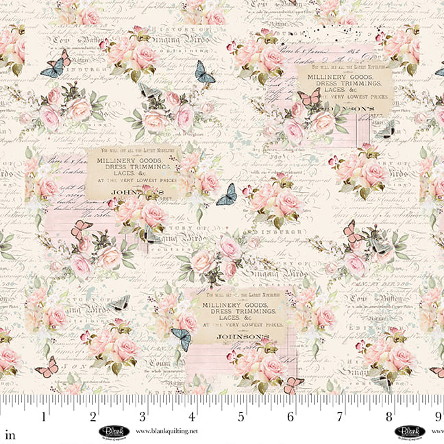 Parisian Snippets Quilt Fabric - Small Butterflies and Text in Ecru Cream - 4298-41