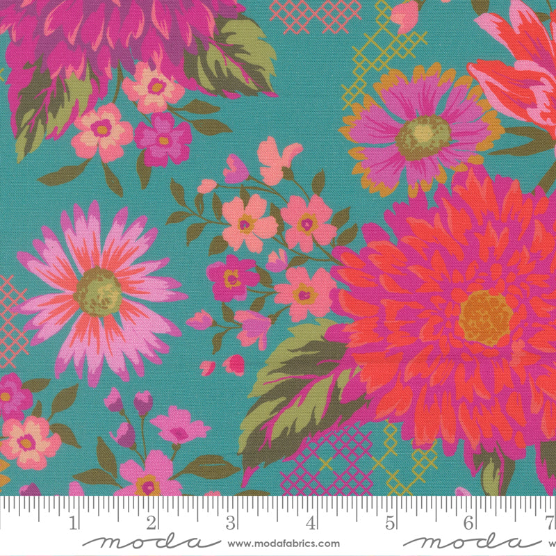 Parlor Quilt Fabric - Happy Blooms Floral in Teal/Multi - 11960 15