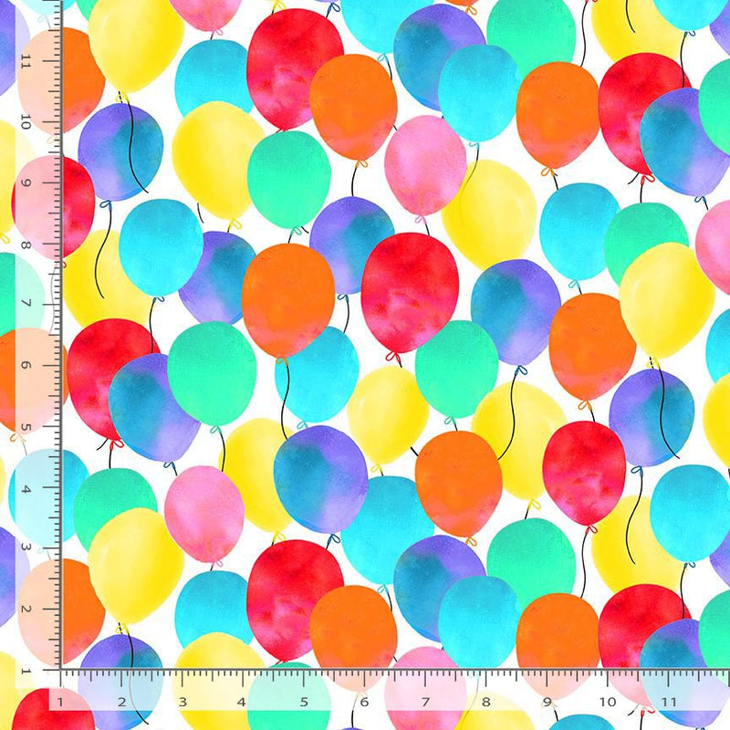 Party Animals Quilt Fabric - Colorful Party Balloons in White/Multi - FUN-CD2071-MULTI