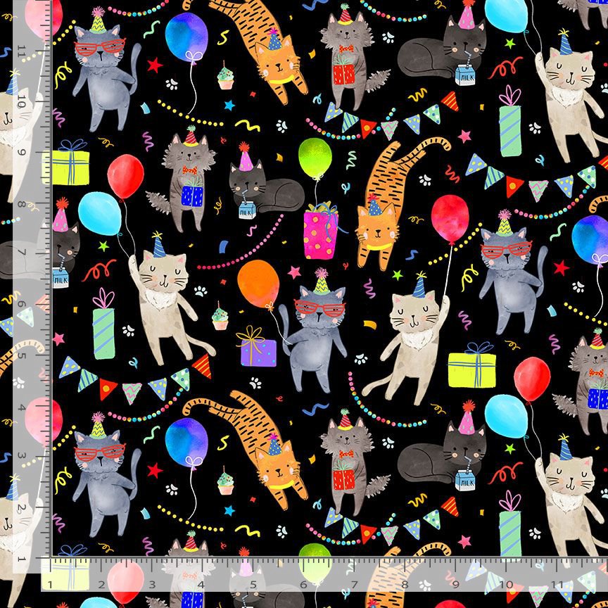 Party Animals Quilt Fabric - Dance Party Cats in Black/Multi - CAT-CD2065  BLACK