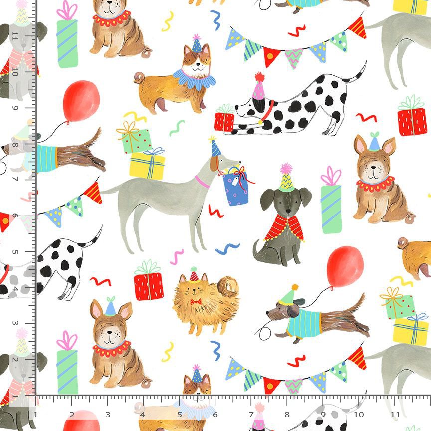 Party Animals Quilt Fabric - Dog's Birthday Party in White/Multi - DOG-CD2066  WHITE
