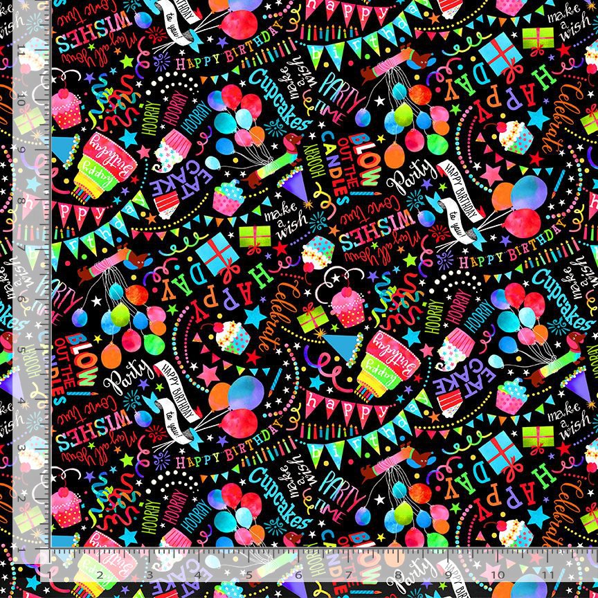 Party Animals Quilt Fabric - Happy Birthday Wishes in Black/Multi - GAIL-CD2069-BLACK
