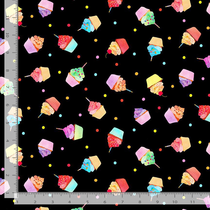 Party Animals Quilt Fabric - Tossed Cute Cupcakes in Black/Multi - FUN-CD2070-BLACK