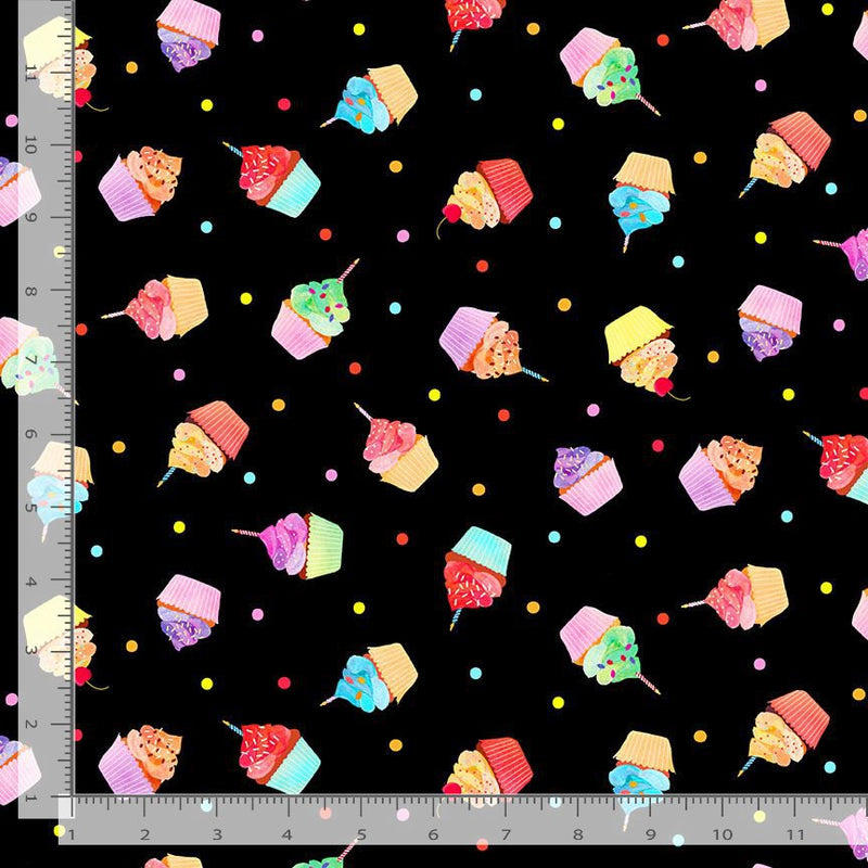 Party Animals Quilt Fabric - Tossed Cute Cupcakes in Black/Multi - FUN-CD2070-BLACK