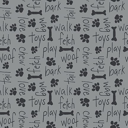 Paw-sitively Awesome Quilt Fabric - Words and Bones Allover in Gray - 7451-99
