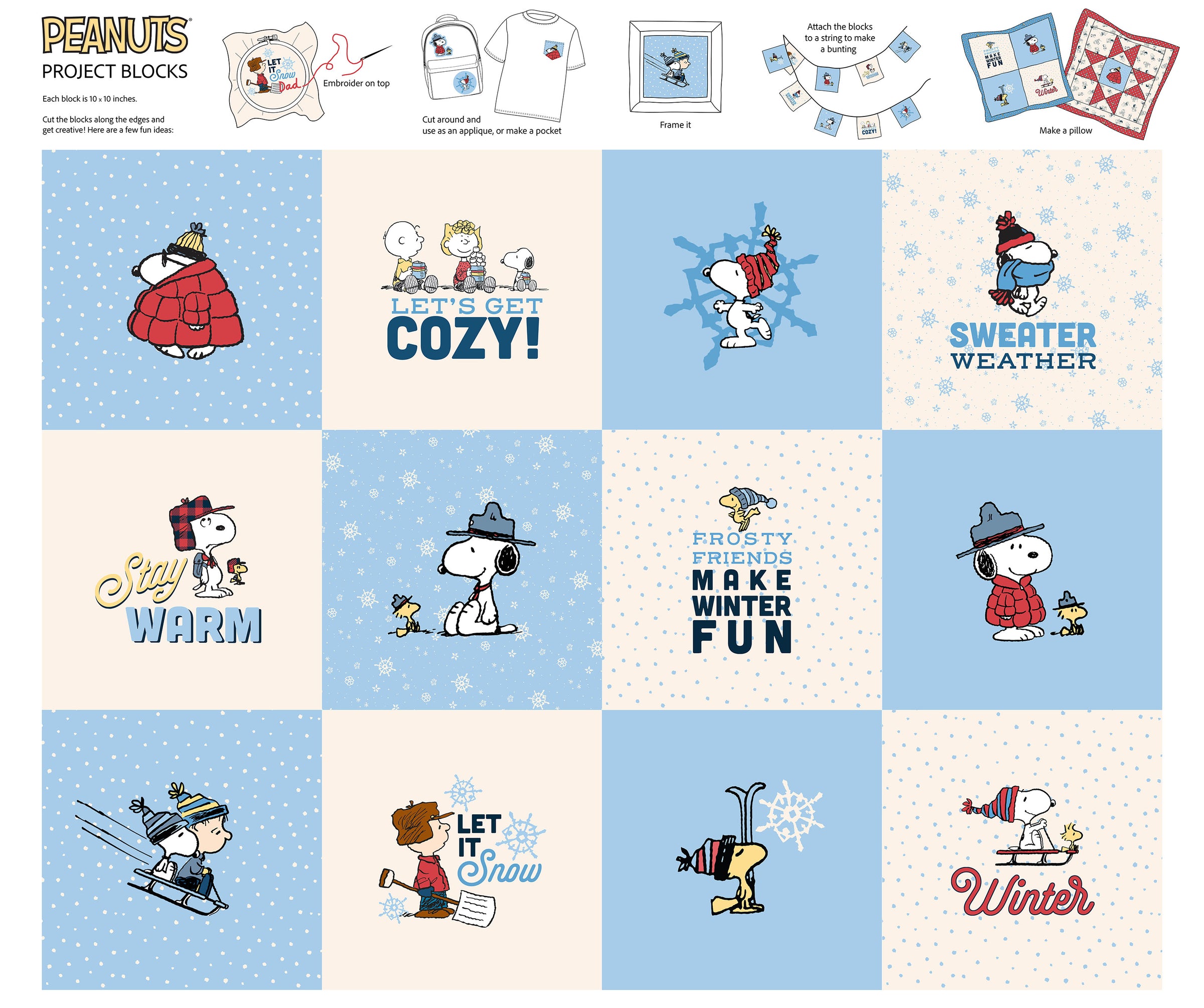 P487 - Peanuts Frosty Friends Christmas Quilt Fabric - Project Blocks - P1029-10 - SOLD AS A 36" PANEL