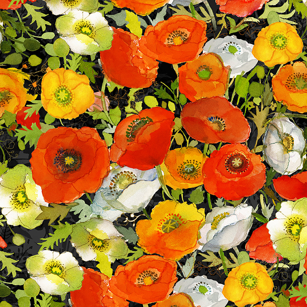 Poppy Dreams Quilt Fabric - Large Poppies in Black - Y3986-3