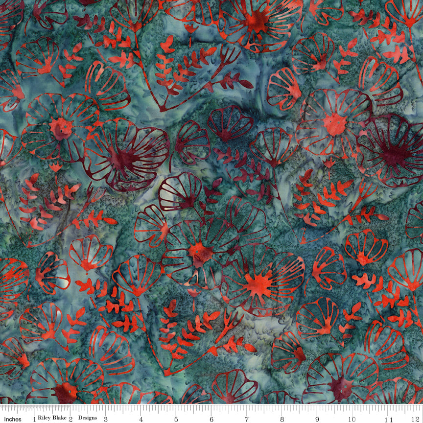 Poppy Seeds Expressions Batik Quilt Fabric - Poppy Clusters in Raspberry Jade Red/Green - BT23591-284