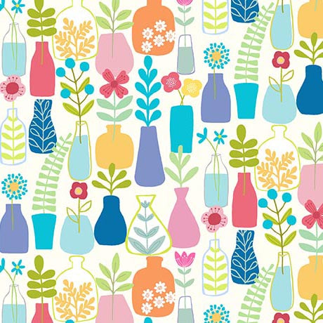Purrty Plants and Cats Quilt Fabric - Plants and Vases in Cream - 2600 31537 E