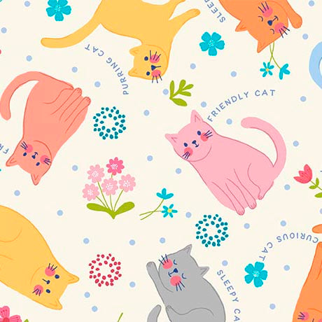 Purrty Plants and Cats Quilt Fabric - Tossed Cats in Cream - 2600 31536 E