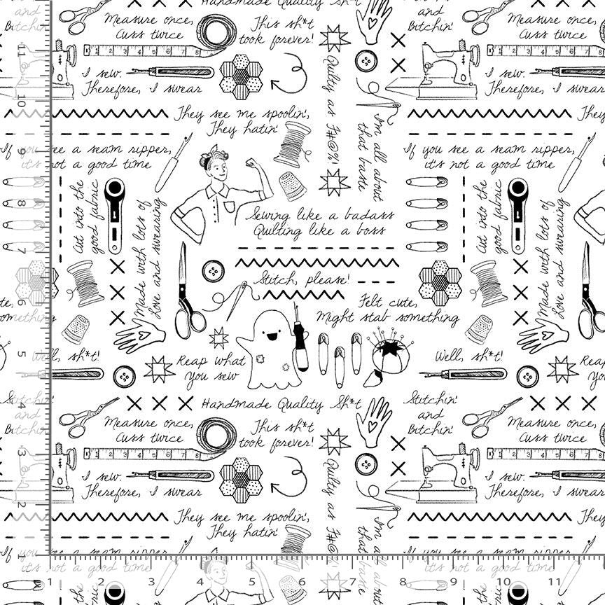 Quiet Riot Quilt Fabric - Sweary Stitching in White - STELLA-DPJ3098  WHITE