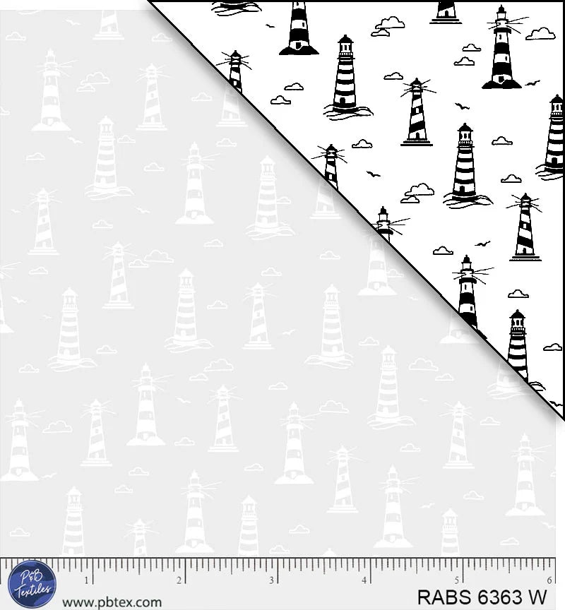 Ramblings by the Sea Quilt Fabric - Lighthouse Beacons in White on White - RABS 06363 W