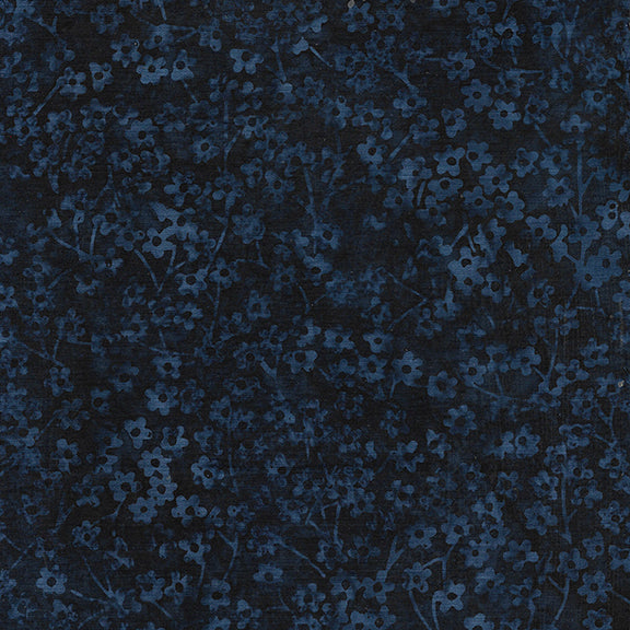 Red White and Blooms Batik Quilt Fabric - Round Flower Stems in Blue Storm - 112311590