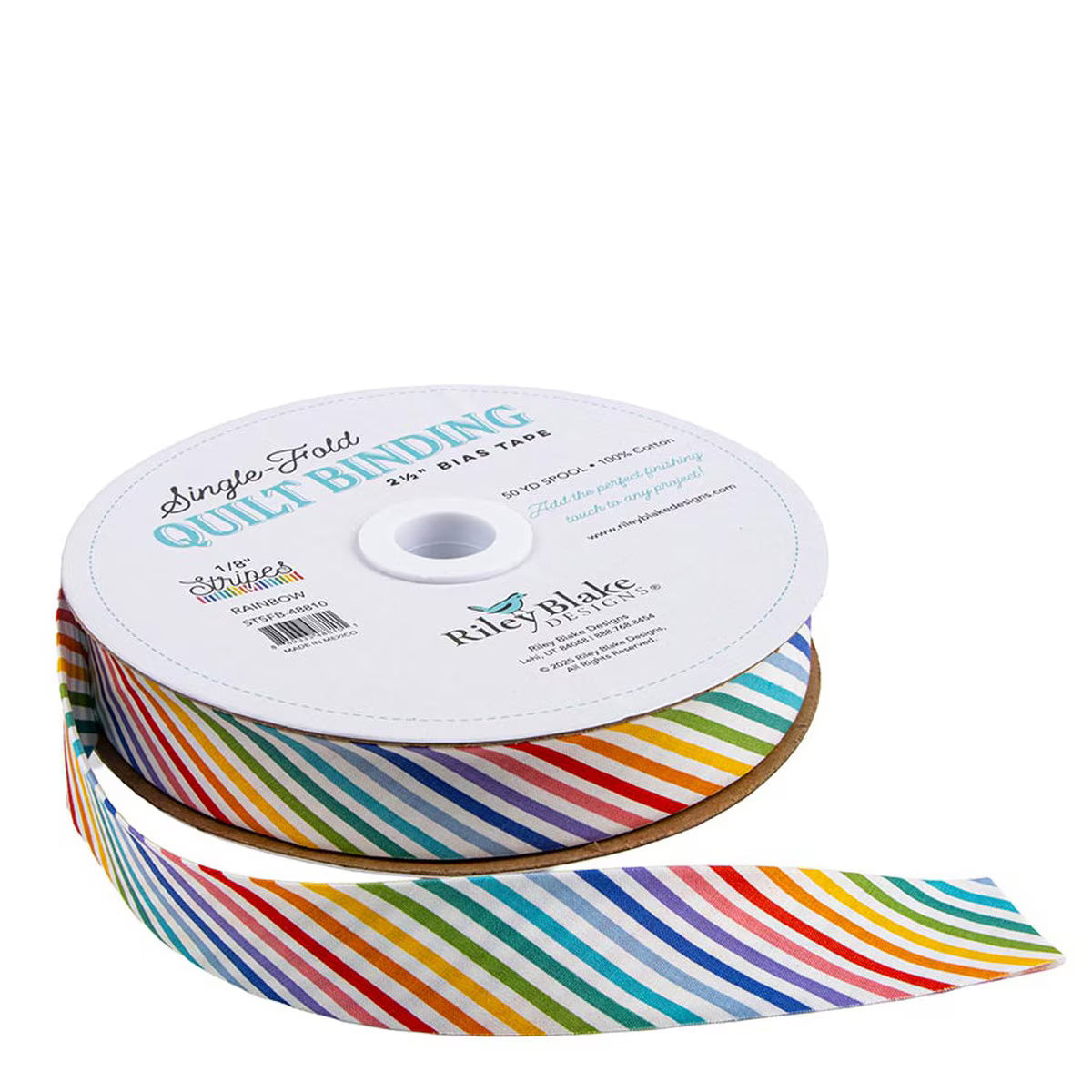 Riley Blake Designs Single Fold Quilt Binding - 1/8" Stripe in Rainbow/White - SOLD BY THE YARD - STSFB-48810