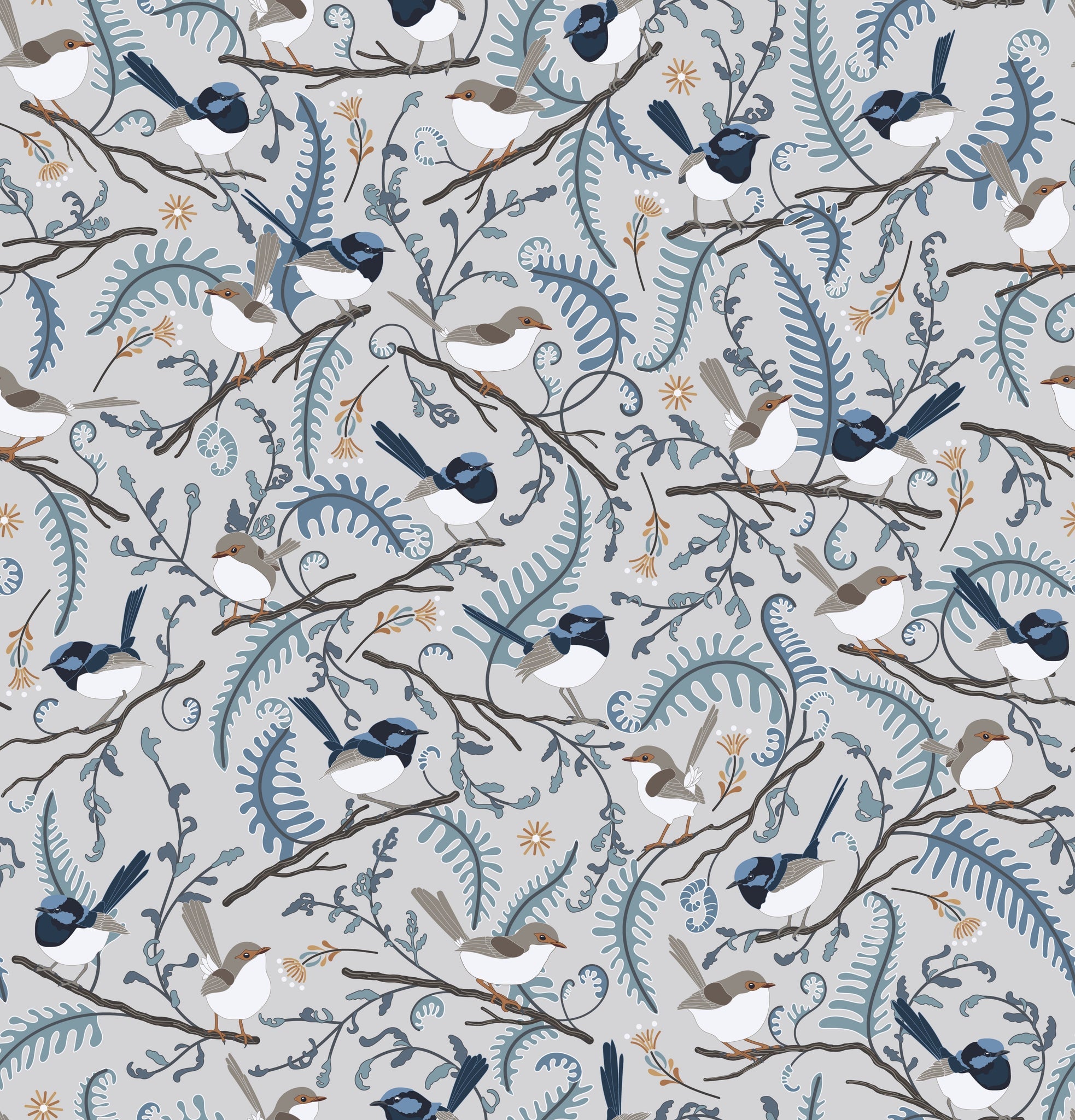 Riverview Quilt Fabric - Blue Wren Delight in Gray/Multi - PH0602