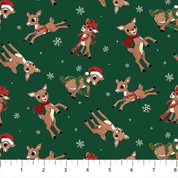 Rudolph the Red-Nosed Reindeer Quilt Fabric - Rudolph Toss in Dark Green - RD1001-78