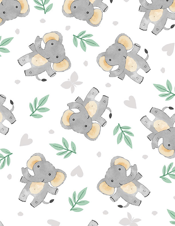 Safari Snuggles Quilt Fabric - Elephant Toss in White - 3073 42030 197