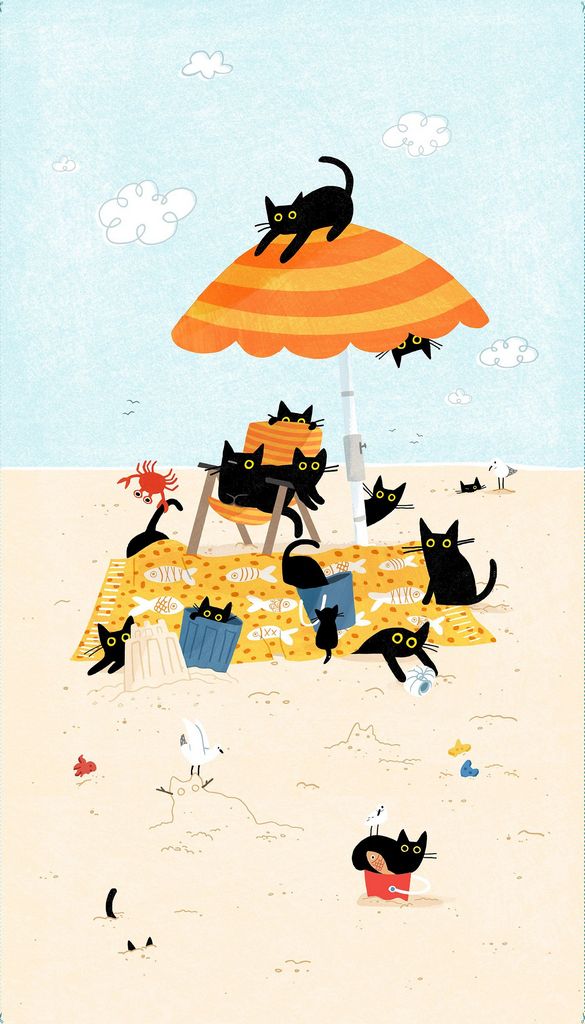 Sandy Paws Quilt Fabric - Cats on the Beach Panel in Multi - PSTELLA-DLW2807 MULTI - SOLD AS A 24" PANEL