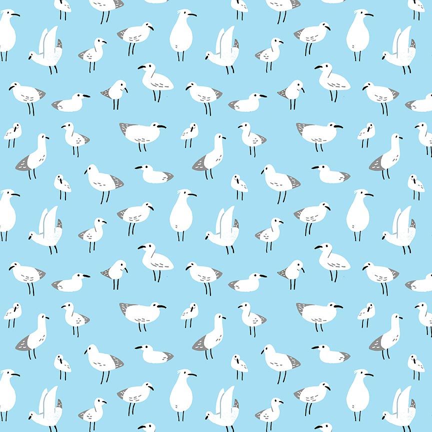 Sandy Paws Quilt Fabric - Gullies (Seagulls) in Sky Blue - STELLA-DLW2805 SKY