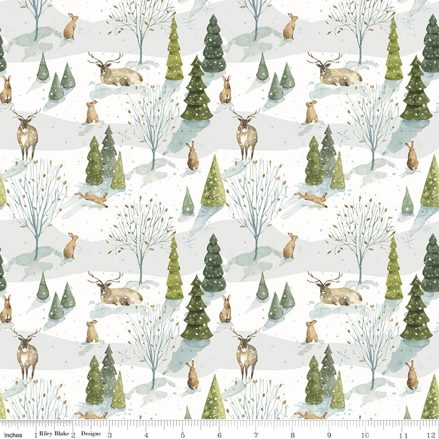 Santa's Tree Farm Quilt Fabric - Woodland in Snowy Cream - CD16451-SNOWY