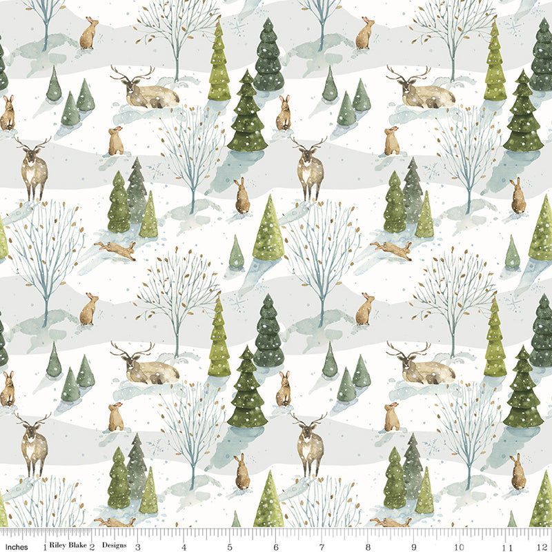 Santa's Tree Farm Quilt Fabric - Woodland in Snowy Cream - CD16451-SNOWY