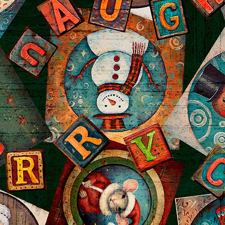 Santa's Workshop Quilt Fabric - Christmas Collage in Black - 2600 31072