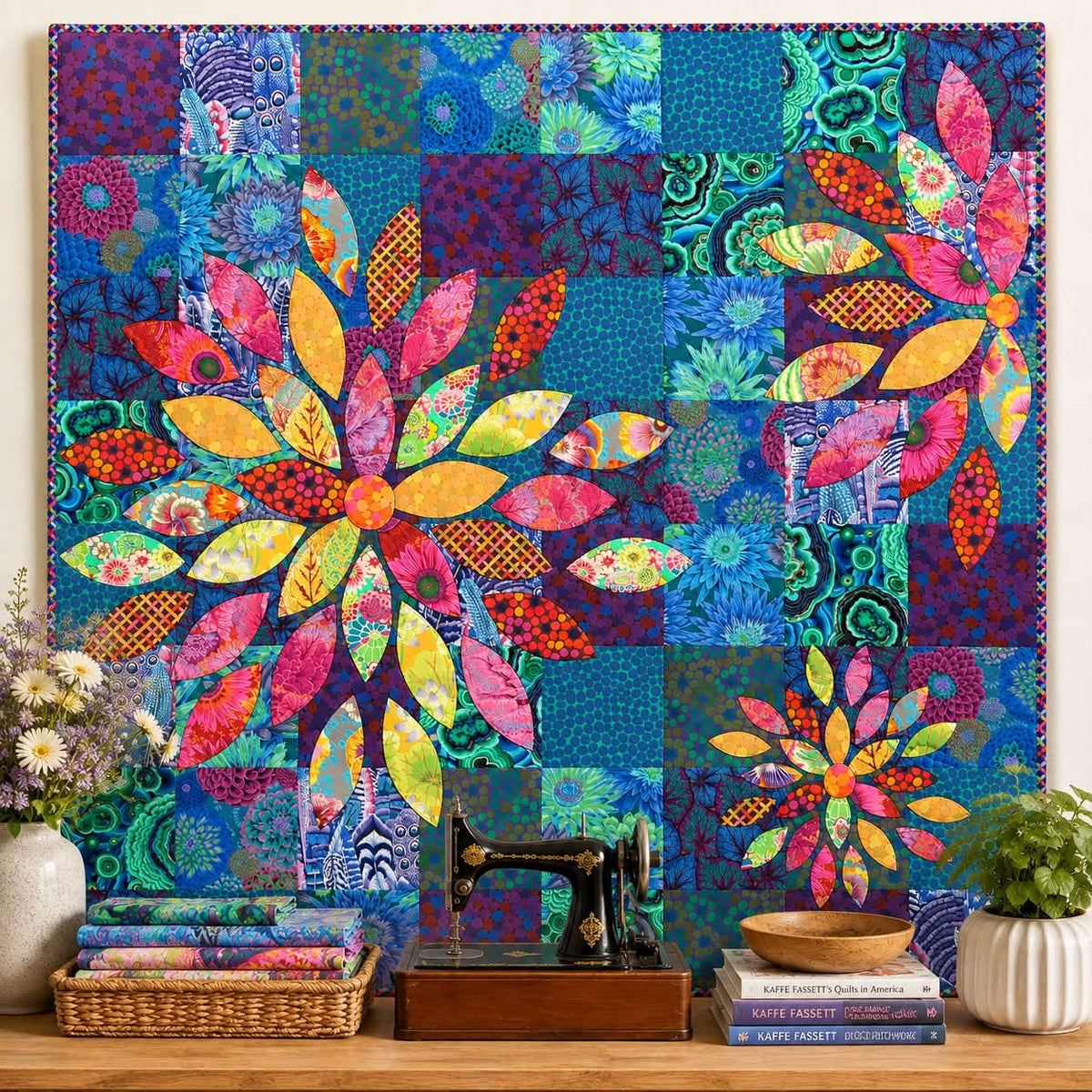 Scrap Petal Garden Quilt Kit featuring Kaffe Fassett Collective - Cool (Blue Background) - KIT2QTGP.SCRAPPETALCOOL