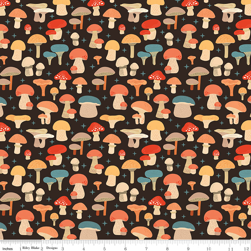 Secret Garden Quilt Fabric - Mushrooms in Black - C18041-BLACK