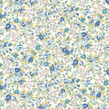Sevenberry Bouquet Quilt Fabric - Mini Floral in Blue/Aqua on Cream - 6121 D7-3 - Imported from Japan