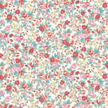 Sevenberry Bouquet Quilt Fabric - Mini Floral in Pink/Aqua on Cream - 6121 D7-1 - Imported from Japan