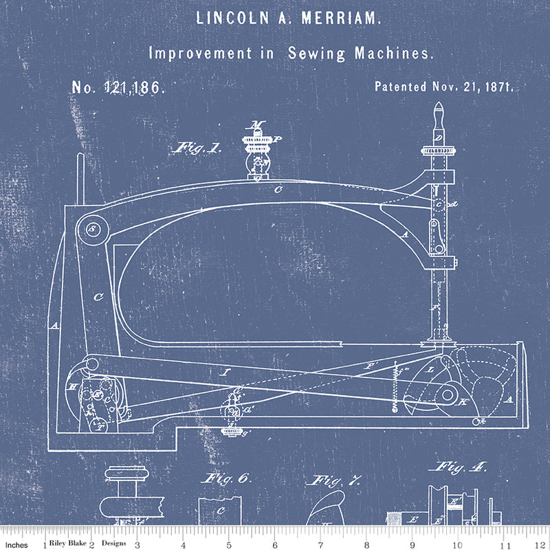 Sew Journal Quilt Fabric - Sewing Machine Patent in Denim Blue - C13887-DENIM