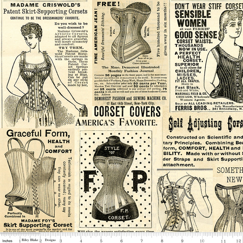 Sew Journal Quilt Fabric - Vintage Corset Ads in Parchment Cream - C13889-PARCHMENT