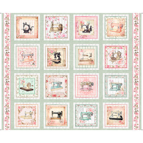 Sew Shabby Chic Quilt Fabric - Sewing Machine Picture Patches in Light Sage Green - 2600 31571 H - SOLD AS A 36" PANEL