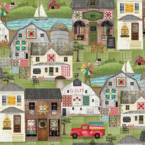 Shop Hop Quilt Fabric - Around the Town in Green - 21698-GRN