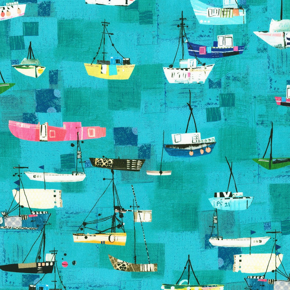 Shoreline Quilt Fabric - Boats in Lagoon Aqua - RPTD-22892-71 LAGOON