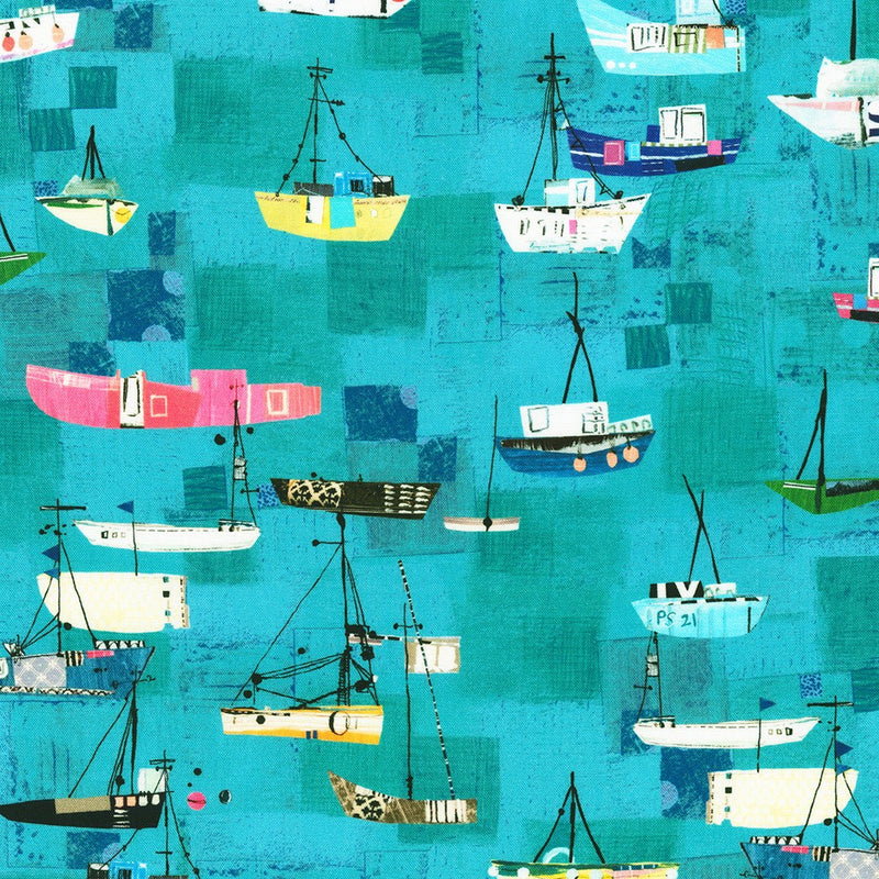 Shoreline Quilt Fabric - Boats in Lagoon Aqua - RPTD-22892-71 LAGOON