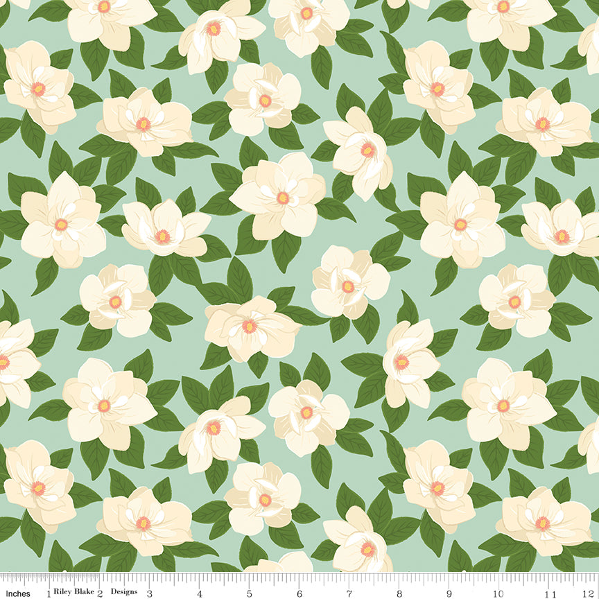 Southern Charm Quilt Fabric - Main Magnolias in Mint Green - C17440-MINT