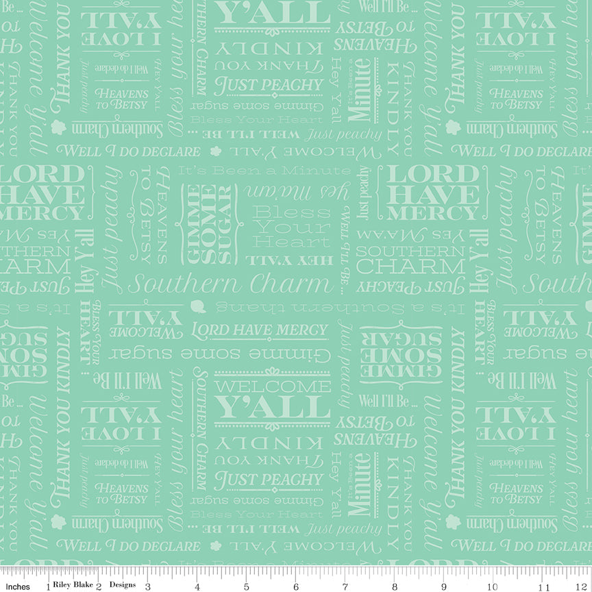Southern Charm Quilt Fabric - Text in Mint Green - C17443-MINT