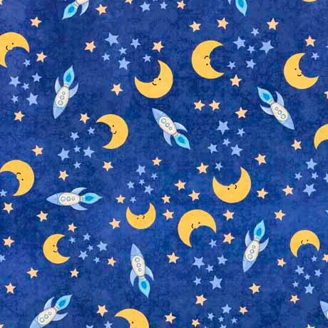 Space Ace Quilt Fabric - Moon and Spaceship in Blue - 1649 29574 W