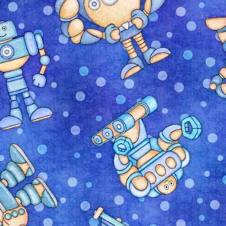 Space Ace Quilt Fabric - Robot Toss in Blue - 1649 29571 Y