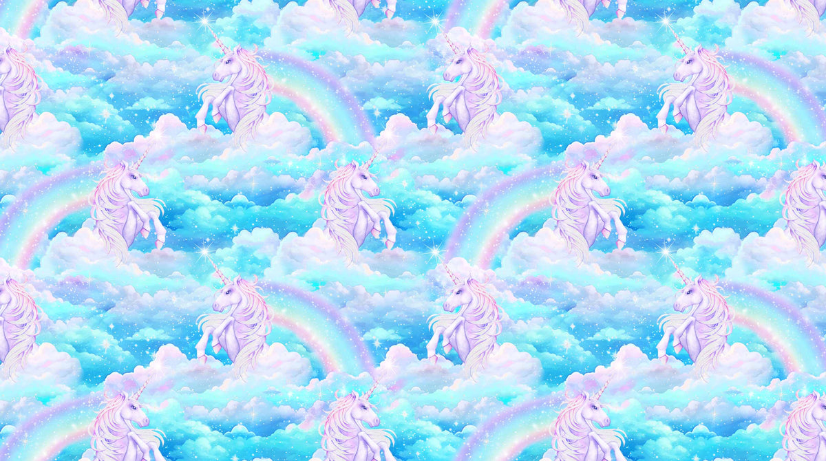 Sparkle Magic Quilt Fabric - Unicorn Cloud in Blue/Multi with Silver Metallic - G27636-43