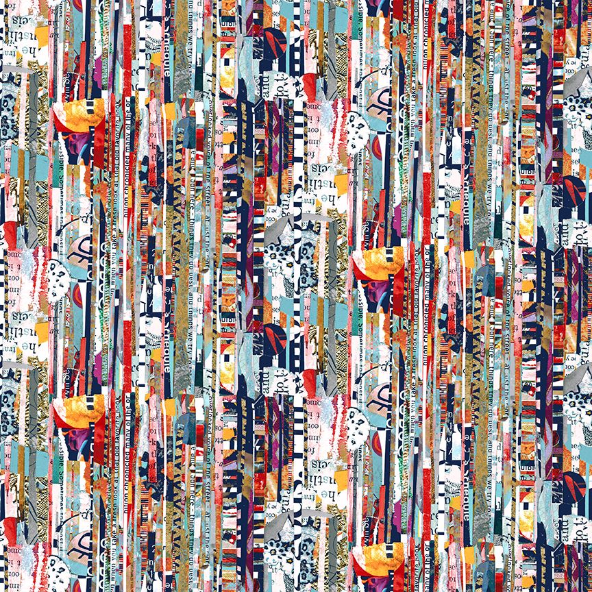 Spread the Word Quilt Fabric - Newspaper Mini Strips in Blue/Multi - 4205-77