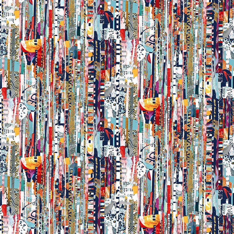 Spread the Word Quilt Fabric - Newspaper Mini Strips in Blue/Multi - 4205-77